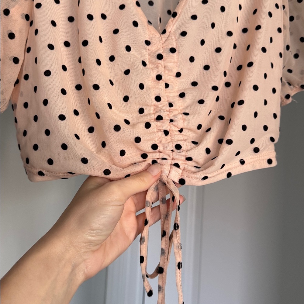 LE LIS Polka Dot Sheer Puff Sleeve Top - Peachy Tone Cream and Black - Picture 4 of 6